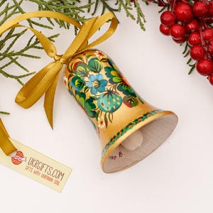 Gold Christmas Bell Ornament Wooden Bells Tree Decorations Handcrafted Ukraine Petrykivka Floral Painting Nostalgic Ornaments Folk Art