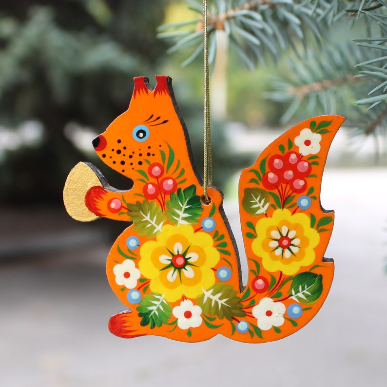 Squirrel Christmas ornaments handmade, wooden Christmas tree animal decorations Animal Christmas ornaments unique hand painted ukrainian art image 1