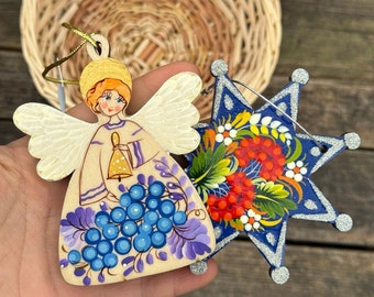 Ornement d’arbre de Noël ukrainien Ange et étoile Décoration de Noël Peint à la main Folklore Nostalgique Pendentif de Noël Ange de Noël