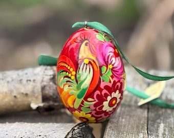 Easter wooden egg with rooster, Pysanky, ukrainian handpainted Easter eggs, wooden eggs, wooden Easter decorations, ukrainian art Petrykivka