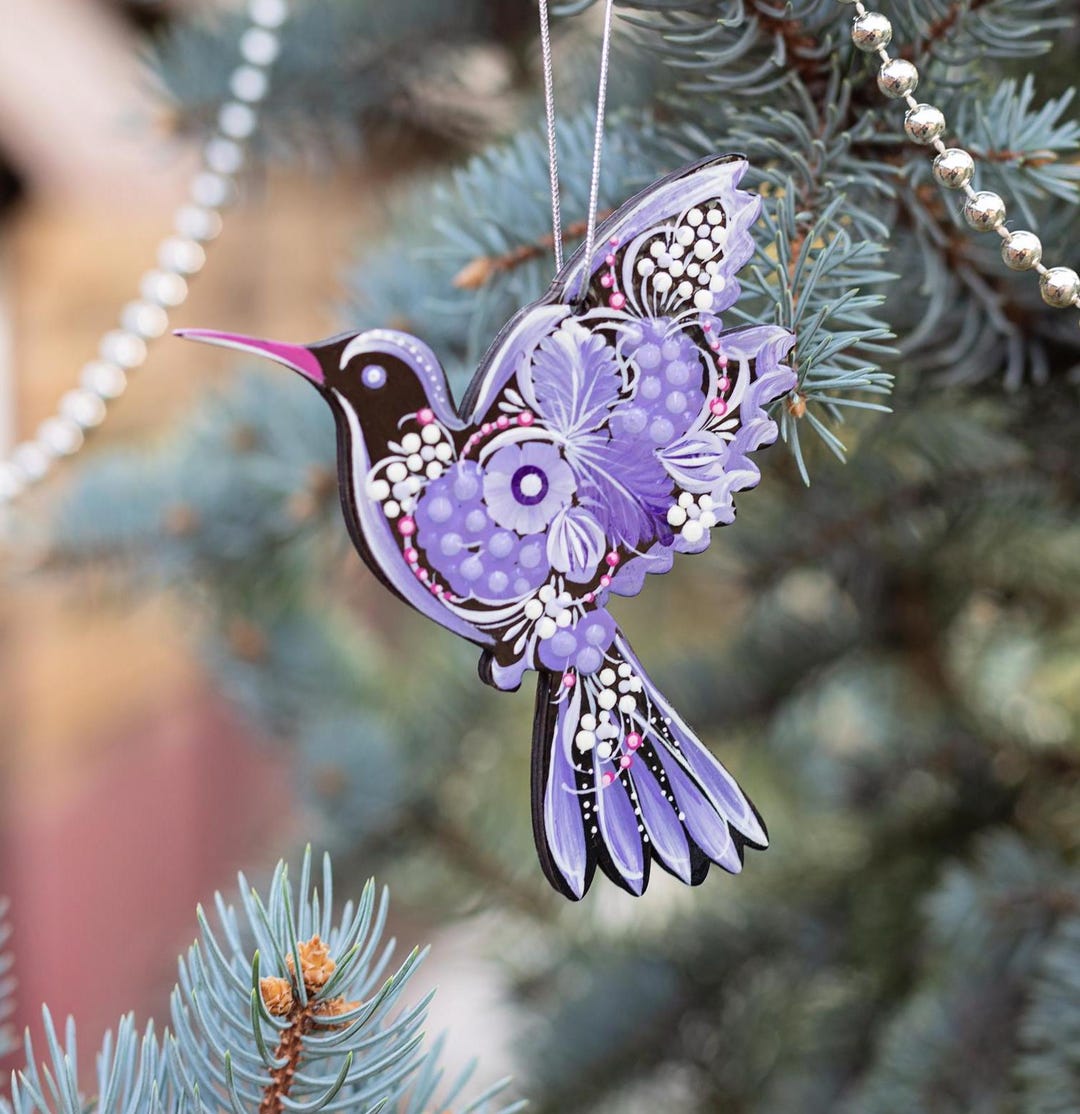 Colibrì uccello ornamento per albero di Natale in legno dipinto a - Main Image