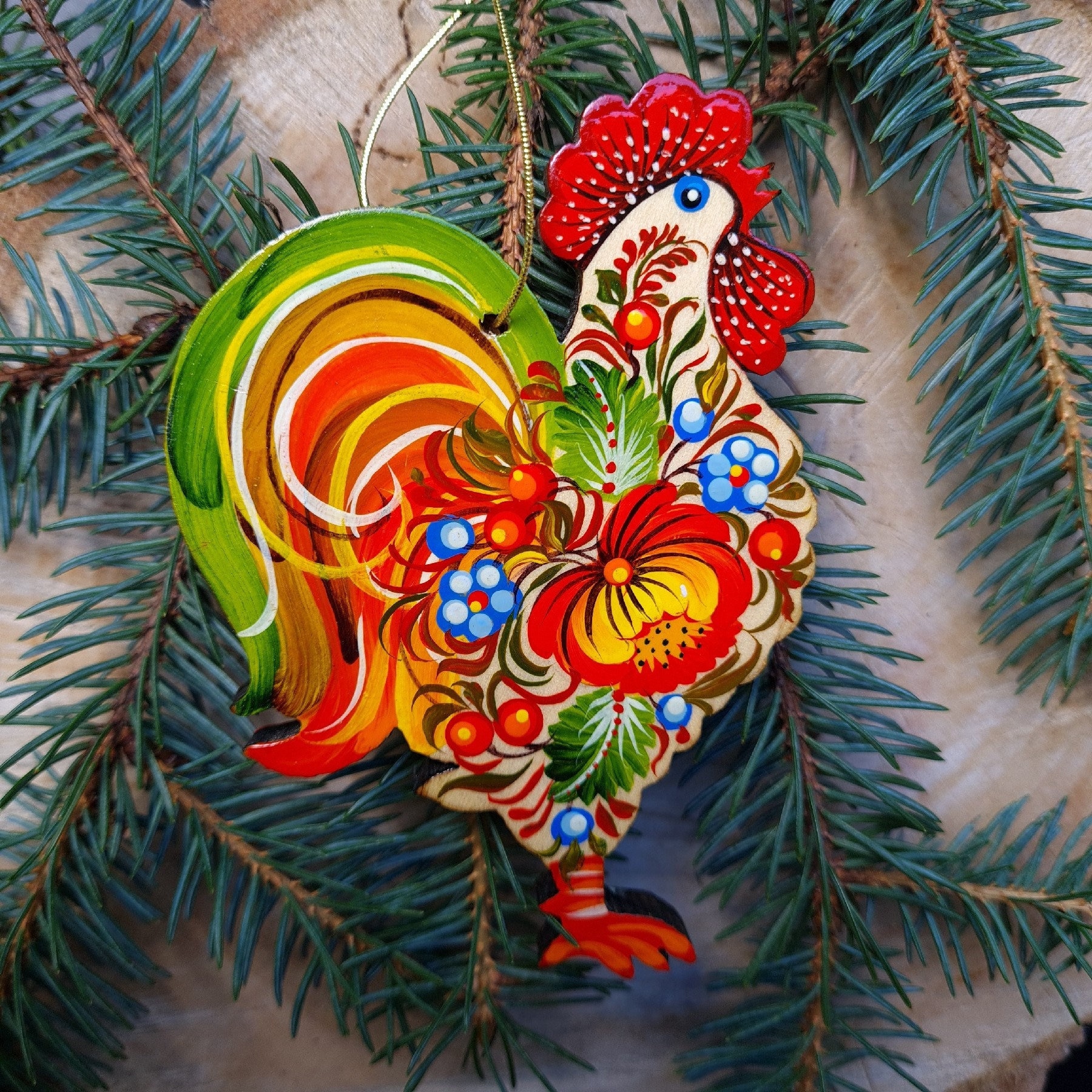 Key West Rooster Ornament Handmade Wooden Christmas Tree Decoration