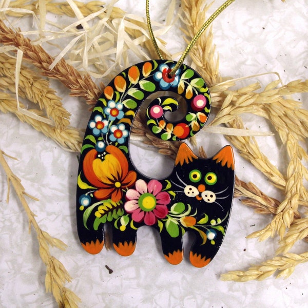 Fanny Сat Christmas ornaments handmade, wooden Christmas tree animal decorations Cat unique tree ornaments traditional ukrainian painted