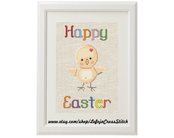 Chicken Happy Easter Cross Stitch Pattern, Easy Modern Pattern by LeFOJA Cross Stitch Patterns, Instant PDF Download. Pillow pattern.