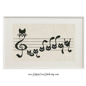 Cat Notes Cross Stitch Pattern, Treble Clef Music Cross Stitch Pattern, Easy Counted Stitch, Instant PDF Download, for Music and Cat Lovers