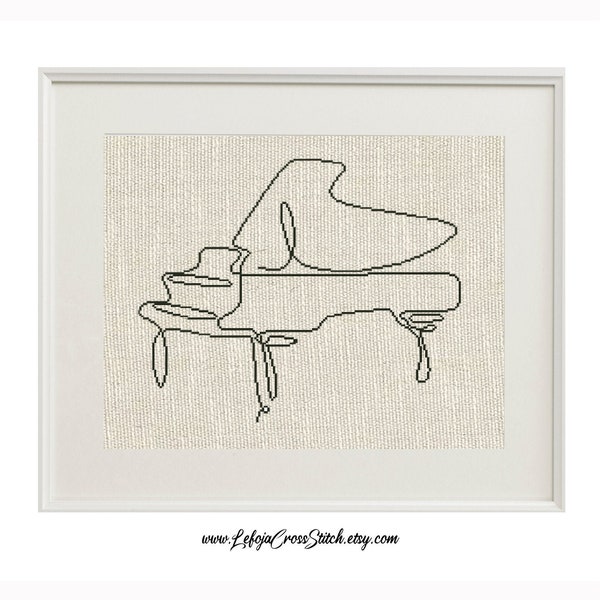 Grand Piano Cross Stitch Pattern, One Line Drawing Line Art Grand Piano Boho Modern Easy Cross Stitch Instant PDF Download Abstract Wall Art