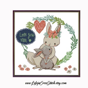 Mother&#39;s Day Mother and Child Bunnies Cross Stitch Pattern, Nursery Cute Animals Pattern, Counted Stitch, Instant PDF Download, Gift Stitch