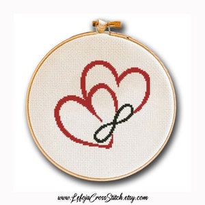 Two Hearts and Infinity Sign Cross Stitch Pattern, Modern Easy Cross Stitch Counted Pattern, Valentine Gift Home Decor, Instant PDF Download
