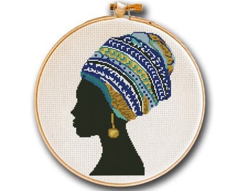 African Woman Head Profile with a Turban Boho Modern Cross Stitch Pattern, Easy Cross Stitch, Counted Stitch Instant PDF Download, Wall Art