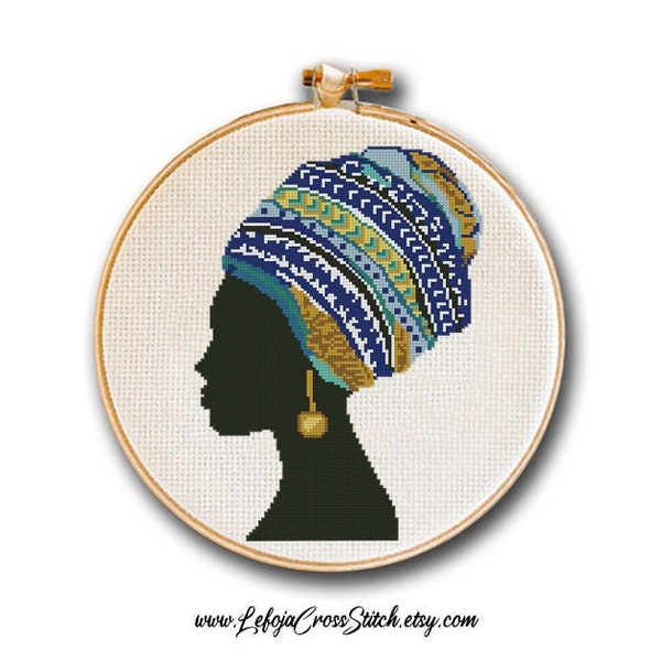 African Woman Head Profile with a Turban Boho Modern Cross Stitch Pattern, Easy Cross Stitch, Counted Stitch Instant PDF Download, Wall Art