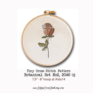 Può includere: Un motivo di punto croce di una singola rosa in tonalità di marrone e verde, incorniciato in un cerchio da ricamo in legno. Il motivo è intitolato "Botanical Set No2, 2046-12" ed è progettato per un cerchio da 7,9-8 pollici su tela Aida 14.