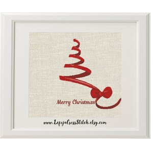 May include: A red ribbon shaped like a Christmas tree with a bow at the bottom. The text "Merry Christmas" is below the tree and the website "www.LefajaCrossStitch.etsy.com" is below the text.