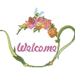 Tea Pot Welcome Modern Cross Stitch Pattern, Embroidery Needlepoint Sampler, Home Decor, PDF Instant Download