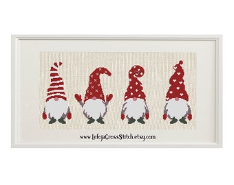 Four Christmas Gnomes Modern Cross Stitch Pattern by Lefoja, Winter Home Decor Instant PDF Download, counted stitch, handmade Christmas gift