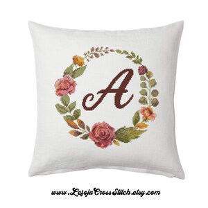 Wreath of Flowers with Roses Cross Stitch Pattern with a Monogram A, Flower Cross Stitch, Wreath Cross Stitch. Instant pdf download, Gift