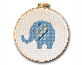 Blue Elephant (Small) Cross Stitch Pattern, Two Patterns Incl. Striped Ears, Baby Shower Nursery Decor Craft Idea Elements Collectible