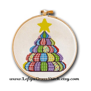 Patrón Punto de Cruz Árbol de Navidad, Patrón Árbol de Navidad Estilizado de Cintas Motley, Decoración Navideña, Descarga Instantánea en PDF