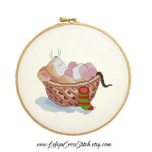 Sleeping Mouse Cross Stitch Pattern, Nursery Animals (PDF Download)