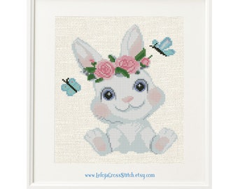 Patrón de punto de cruz de conejito, decoración infantil (descarga en PDF), animalito con corona floral, regalo para baby shower