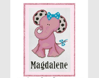 Patrón de punto de cruz personalizado con nombre de niña elefante rosa para decoración de habitación infantil/Patrón de guardería personalizado Descarga en PDF