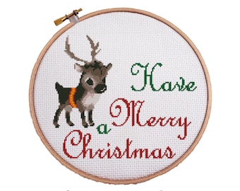 Have a Merry Christmas with Little Reindeer Cross Stitch Pattern, LEFOJA cross stitch Christmas decoration, PDF Instant Download Needlepoint