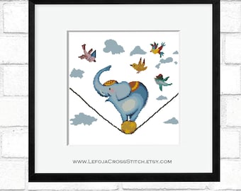 Lindo patrón de punto de cruz de elefante de circo, decoración de guardería, patrón de puntada contada, decoración de pared, descarga instantánea PDF