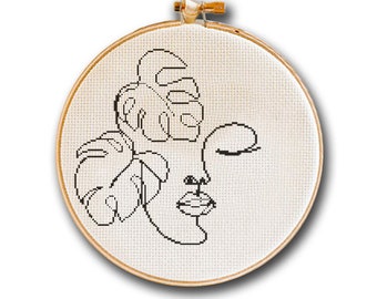 One Line Drawing Modern Cross Stitch Pattern Woman Face With