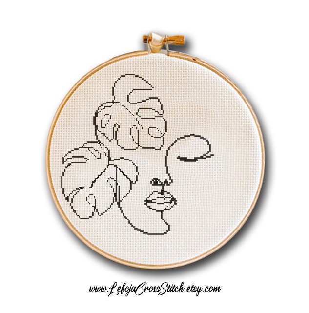 【CPGN STUDIO】Minimal face Art Line Embroidery Short Sleeve One Line Drawing Modern Cross Stitch Pattern Woman Face With