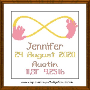 May include: Cross stitch pattern featuring an infinity symbol with a handprint and a footprint, the names Jennifer and Austin, the date 24 August 2020, and the measurements 11.81" 9.2516. The pattern is in yellow, pink, and brown.