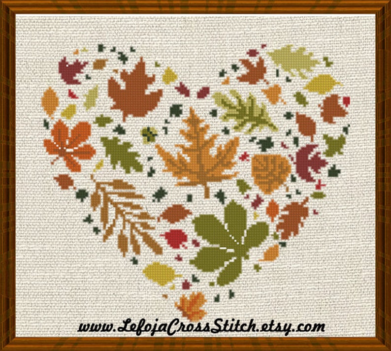 Heart Shaped Contour of Fall Autumn Leaves Modern Cross Stitch Patter ...