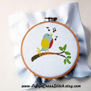 Easy Spring Cross Stitch Pattern, Little Bird Singing, Modern Cross Stitch by LeFOJA Cross Stitch Patterns, Instant PDF Download, Seasonal