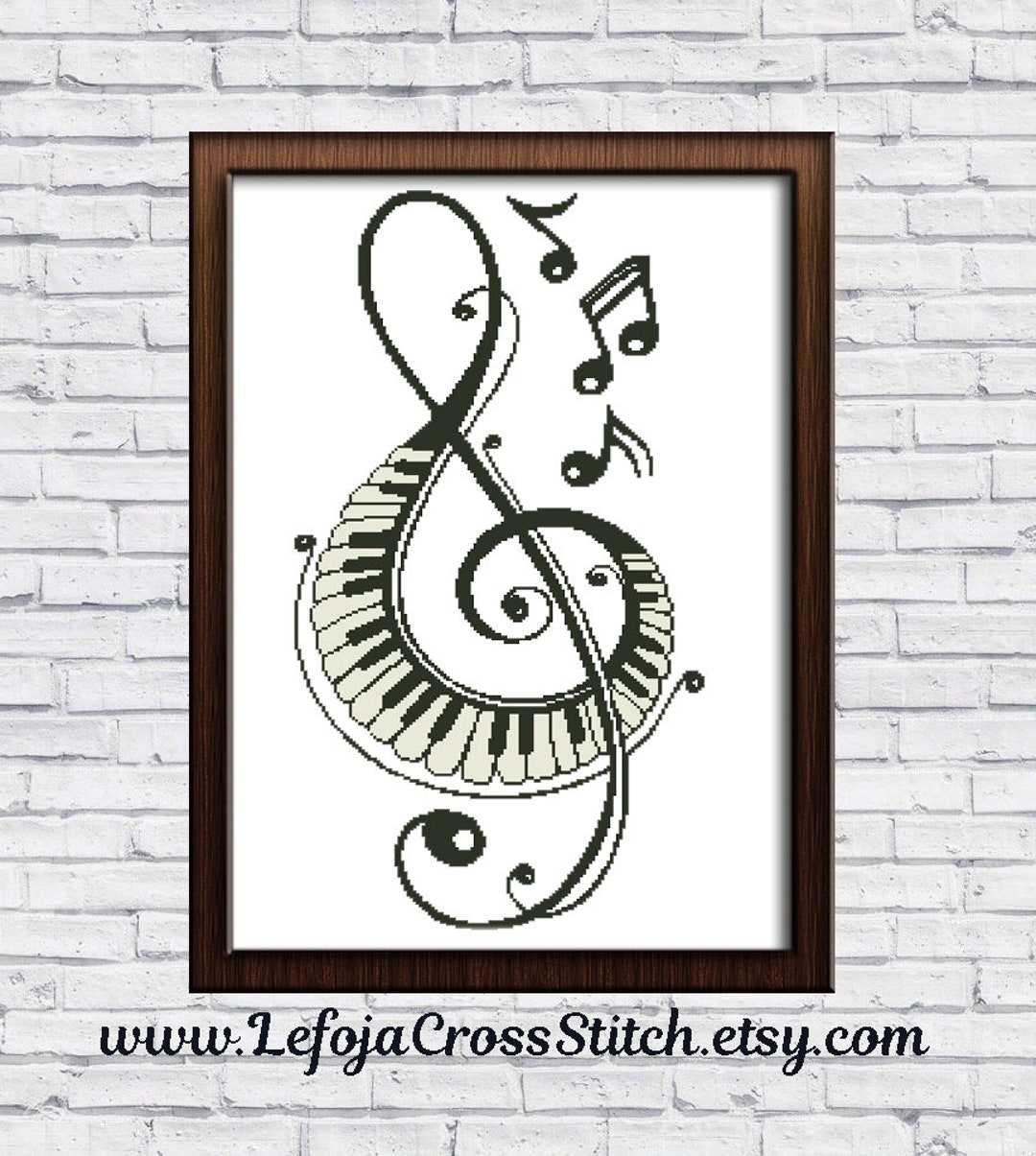 Treble Clef With Piano Keyboard Cross Stitch Pattern, Modern Cross
