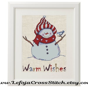 Snowman Cross Stitch Pattern with Warm Wishes sign by LEFOJA Cross Stitch, Winter Seasonal Cross Stitch Pattern, Instant PDF Download