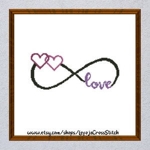 Infinity Love and Hearts Cross Stitch Pattern, Easy Modern Cross Stitch, Digital File Instant Download, Wedding Valentines and Couples Gift