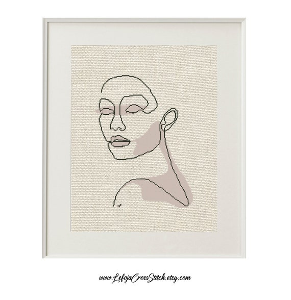 Modern Cross Stitch Pattern One Line Drawing Boho Woman Head