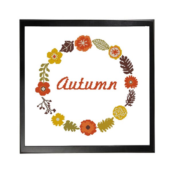 Autumn Wreath Fall Flowers Cross Stitch Pattern, Wall Art, Seasonal Home Decor, Craft floral idea pattern, collectible