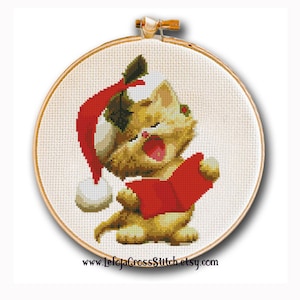 Cute Kitten Singing Christmas Carols Cross Stitch Pattern, Vintage Cross Stitch, Christmas decor, cat lovers, instant pdf downloadable file