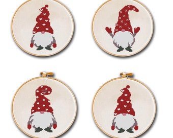 Four Christmas Gnomes Modern Cross Stitch Pattern Set, Winter Home Decor Instant PDF Download, handmade Christmas gift, gnomes collection