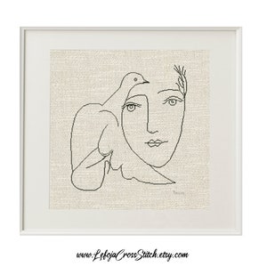 Picasso One Line Drawing Girl with a Dove Boho Modern Cross Stitch Pattern, Easy Cross Stitch, Counted Stitch, Instant PDF Download Wall Art