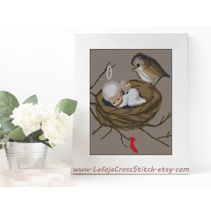 Little Bird over Sleeping Baby Angel Cross Stitch Pattern, Modern Cross Stitch Pattern by LEFOJA, Instant PDF Download, Nursery Room Decor