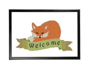 Autumn Fox on a Welcome Band Cross Stitch Pattern (Large), Home Decor, Fall Decor, PDF Pattern, Woodland Animals, Collectible Wall Art