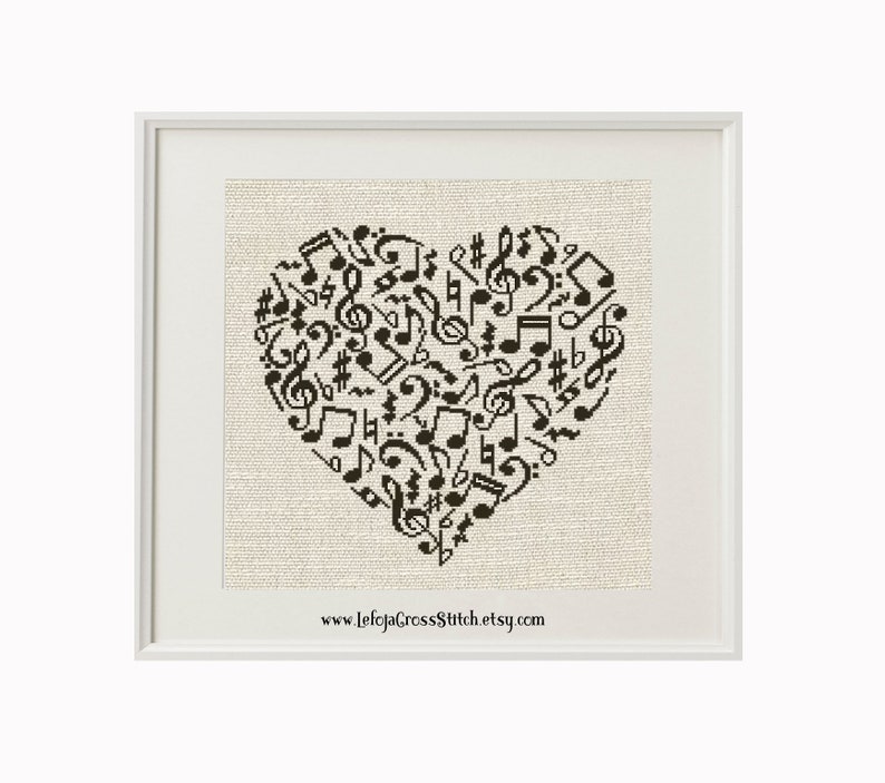 Heart of Musical Notes Cross Stitch Pattern, Music Cross Stitch, musician gift, music room decor, counted stitch, instant pdf download file image 1