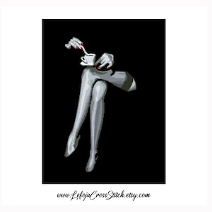 May include: A black and white illustration of a woman's legs in stockings, sitting with a cup of coffee in her hand. The background is black.