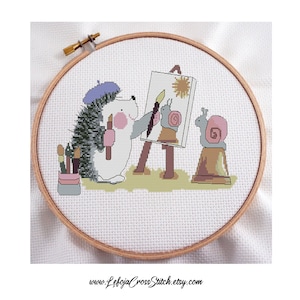 The Hedgehog Painter Cross Stitch Pattern, Nursery Cute Animals Cross Stitch, Counted Stitch, Instant PDF Download, Children Cartoon Pattern