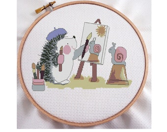 Hedgehog Painter Cross Stitch Pattern, Cute Animals Nursery (PDF Download)