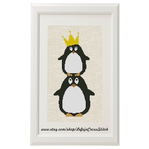 Two Penguins Cross Stitch Pattern, Easy Modern Pattern by LeFOJA Cross Stitch Patterns, Instant PDF Download. Pillow, tote bag pattern