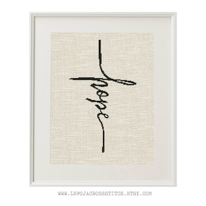 Puede incluir: Patrón de punto de cruz con la palabra "esperanza" escrita en cursiva sobre un fondo beige.