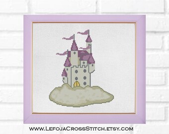 Cross Stitch Pattern Fairy Castle in a Cloud with Purple Roof and Flags, Nursery Decor, Easy Cross Stitch, Wall Decor or Pillow Case Pattern