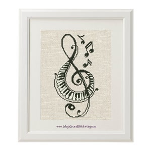 Treble Clef with Piano Keyboard Cross Stitch Pattern A4 size small version, Modern Musician Gift, Music Room Decor, Instant PDF Download