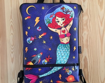 SPACE MERMAID BACKPACK in eco-leather and cordura, resistant, scratch-resistant, water-repellent, waterproof, computer, PC holder, tablet, handmade